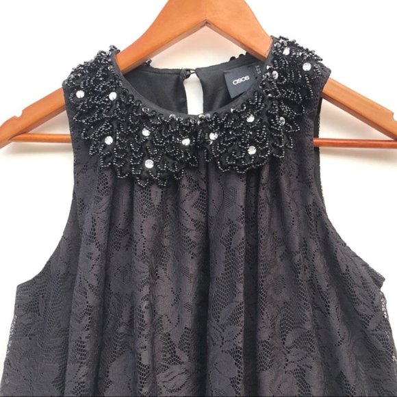 ASOS Black Lace Dress Beaded Collar Size 4 - Picture 8 of 8